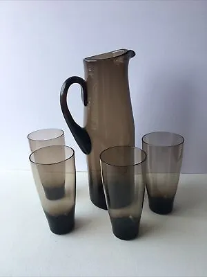 Buy Vintage Tall Dark Brown Coloured Glass Jug 29cm H With 4 Glasses • 18£