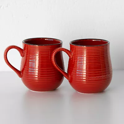 Buy Set Of 2 Large 400ml Red Glazed Mugs Ribbed Stoneware Tea Coffee Soup Barrel Cup • 22£