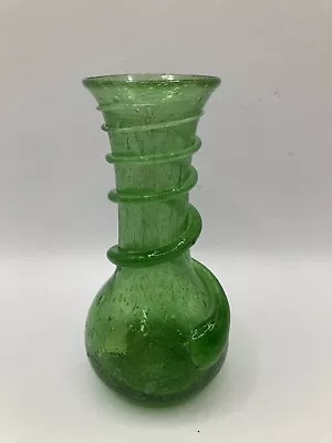 Buy Vintage Hand Blown Small GREEN Vase 4.75” Tall  Art Glass With Attached Swirl • 17.16£