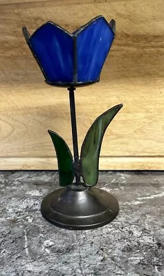Buy Vintage Stained Glass Blue Flower Candle Tea Light Holder 7” High Tiffany Style • 5£