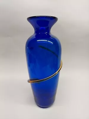 Buy VTG Signed Richard Blenko 2000 Hand Blown Cobalt Blue Vase Amber Applied Swirl • 77.13£