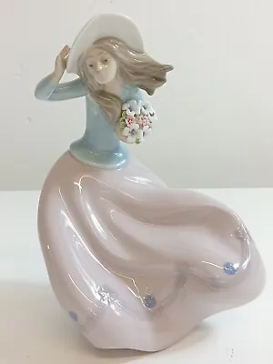 Buy Lladro “Blustery Day” #5588 Figurine Of Woman Holding Flowers In The Wind Figure • 14.99£