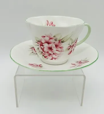 Buy Rosina Queens Tea Cup Saucer Fine Bone China Pink Flowers Green Edges Ribbed VTG • 23.71£
