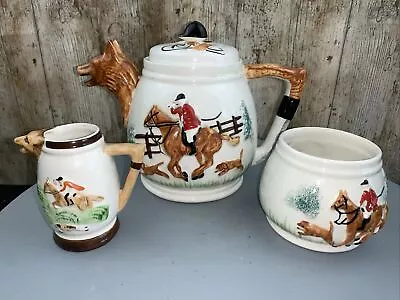 Buy Vintage Fox & Hounds Portland Pottery Teapot. Sugar Bowl & Milk Jug Fox Hunting • 18£