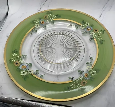 Buy Vintage - Pressed Glass - HAND PAINTED 10.75  Plate -Green W/Gold Trim • 19.81£