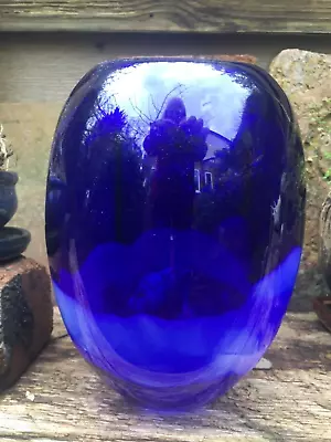 Buy Gorgeous Mcm Vintage Cobalt Blue & Cream Swirled Heavy Art Glass Vase- Pontil • 22.50£