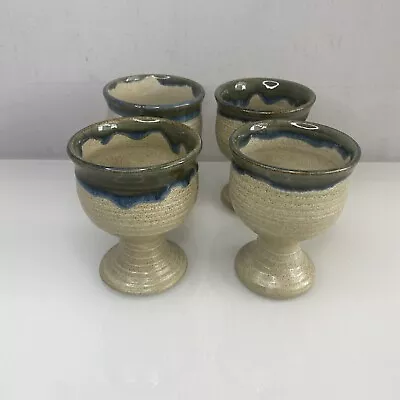 Buy Studio Pottery Small Goblets X 4 Or Candle Holders Beige Green & Blue Pottery • 19.99£
