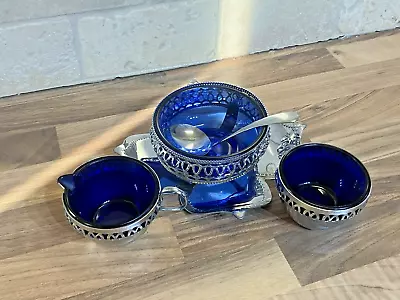 Buy Vintage Chrome Silver Coloured Milk Jug Sugar Bowl Bowl Cobalt Blue Glass Insert • 18.99£