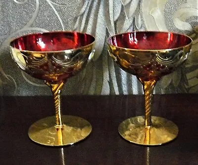 Buy Vintage Venetian / Bohemian Ruby Red & 24K Gold Plated Champagne Saucers/Glasses • 95£