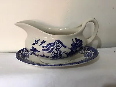 Buy Vintage English Ironstone Tableware Blue And Old Willow China Gravy Boat+ Saucer • 7£
