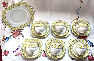 Buy Vintage Roslyn China Art Deco Tea Set, 6 Trios, Cake Plate, Daisy Chain ~ Easter • 22.50£
