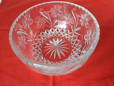 Buy Lead Crystal Cut Glass Large Fruit Bowl With Daffodil Floral Engraved Design VGC • 11.50£