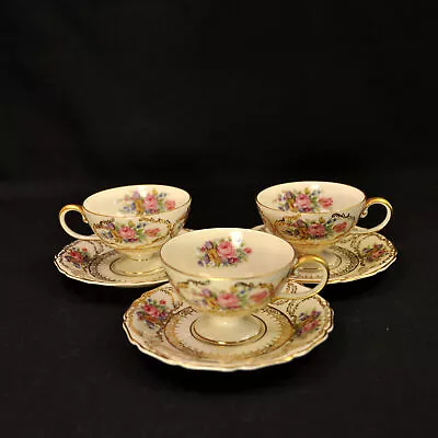 Buy Rosenthal Germany 3 Cups & Saucers Demitasse Pedestal Queen's Bouquet 1952-1975 • 144.75£