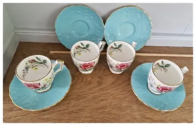 Buy Aynsley Crocus Shape Demitasse Small China Tea Cups Saucers X 4 Turquoise Floral • 19.99£