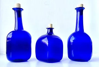 Buy Vintage X 3 Glass Cobalt Blue Apothecary Perfume Bottles & Wooden Stoppers • 35£