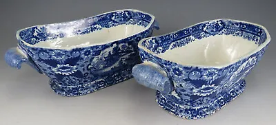 Buy Two Antique Pottery Pearlware Blue Transfer Net Pattern Sauce Tureens 1810 • 32£