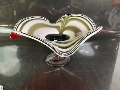 Buy Hand Blown Black And White Swirl With Red Bottom Footed Wave Bowl • 9.99£