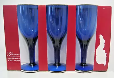 Buy Boxed Set 3x Vintage Hand Blown Cobalt Blue Wine Glasses 18cm -New/Unused In Box • 28£