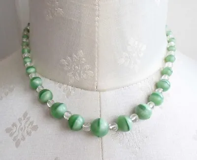 Buy Art Deco Pale Green Satin Glass Beads Necklace • 18.99£