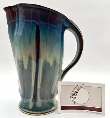 Buy Bill Campbell Art Pottery Pitcher Studio Signed Blue Flambe Drip Glaze • 189.70£