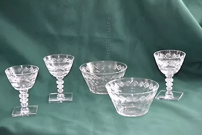 Buy Antique Set Of 5 Hawkes Cut Glass Crystal -bowl And Cups-two Are Marked-Square  • 77.67£