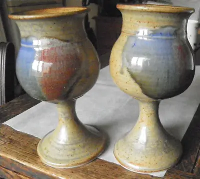 Buy Vintage Studio Pottery Pair Hand Thrown Goblets/Chalices Brown Red Blue Glaze • 12£
