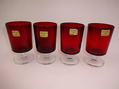 Buy Set Of 4 Vintage Ruby Red Clear Glass Arcoroc Footed Cordial Glasses 4  France • 19.20£