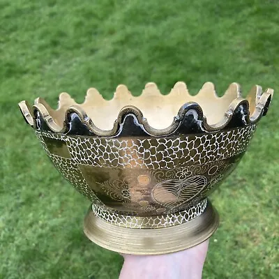 Buy Vintage Brass Bowl Pedestal Crown Scalloped Edge Decorative Table Fruit Bowl VGC • 22£