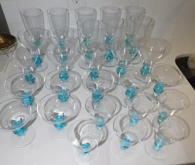 Buy 1940's Bryce Apollo Contour Cerulean Blue Stem Glassware Set - Service For 6 • 120.53£