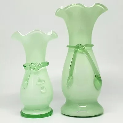 Buy X2 Vintage Green Cased Glass Vases Art Nouveau Style With Applied Glass Ribbon • 29.95£