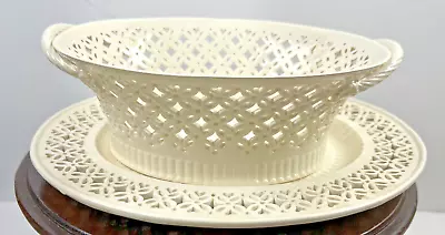 Buy Vintage Leedsware Classical Creamware Pierced White Oval Berry Dish & Underplate • 65.98£