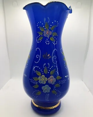 Buy Vintage Cased Opaline Cobalt Glass Vase Flowers Gilded  Hand Paint Ruffled 9.5  • 23.98£
