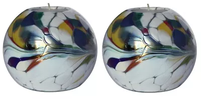 Buy Pair Of Mouth Blown Glass Globe Tealight Candle Holders In White - 90mm Diameter • 17.99£