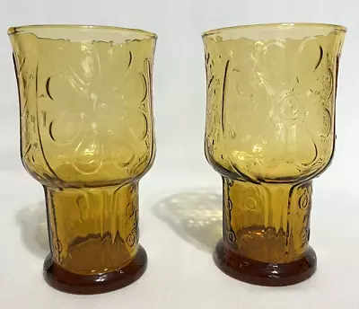 Buy Vintage Libbey Country Garden Daisy Amber 6  Tall Glasses 14 Oz - Set Of 2 • 18.90£
