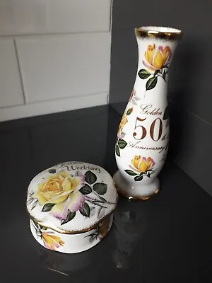 Buy Fenton Bone China Golden Weddind Anniversary  Bud Vase And Covered Trinket Dish • 25£