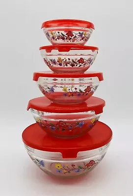 Buy Glass Bowls Nesting Vtg Storage Lid Clip Floral Set Serving Red Pretty X5  • 26.99£