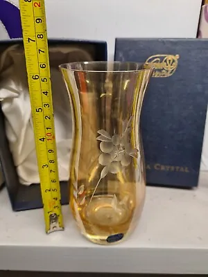 Buy Bohemian Amber Glass Vase  Engraved Flash Cut  16 Cm Tall. • 9.99£
