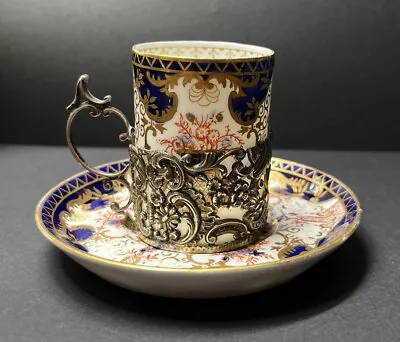 Buy Royal Crown Derby Coffee Cup And Saucer With Silver Holder Dated Birmingham 1902 • 34.99£