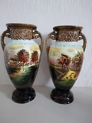 Buy A Pair Of Vintage Czech  Ceramic Hand Painted Rural Scene Vases, Circa 1920's. • 59.99£