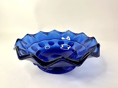Buy Vintage? Cobalt Blue Cut Glass Ashtray Trinket Ring Key Dish Zigzag Edge • 8£