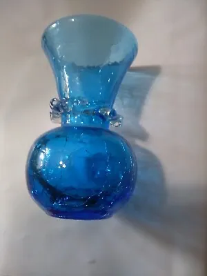 Buy VTG Blue Crackle Glass VASE Ribboned Neck Rare • 14.19£