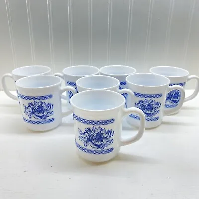 Buy Vintage Milk Glass Coffee Mugs White Blue Floral Set Of 8 France • 53.52£