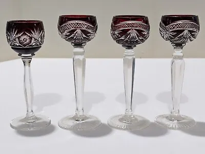 Buy Vintage Crystal Ruby Red Cut To Clear Cordial Glasses - Czechoslovakia Bohemian • 24.56£