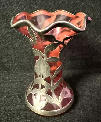 Buy Cranberry Glass Vase Sterling Silver Overlay Art Nouveau 10cm Tall T3964 • 12£