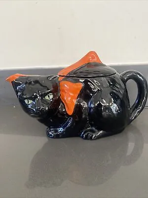 Buy Vintage - Art Deco Crown Ducal Black Cat Teapot Black And Orange VGC • 40£