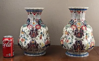 Buy Pair Of Large (12 ) Vintage Delft Polychrome Tin Glazed Faience Vases By Velsen • 313.67£