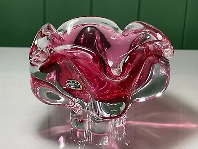 Buy Heavy Czech Bohemia Pink & Clear Folded Art Glass Bowl Dish • 18.99£