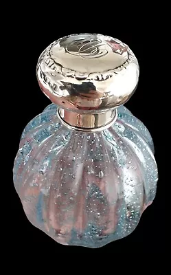 Buy Vintage Sky Blue Ribbed Bubbled Glass Perfume Bottle Silver Top And Stopper  • 14.99£