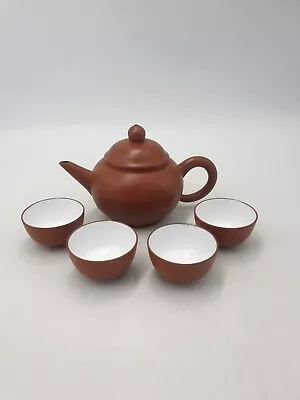 Buy Chinese Yixing Pottery Red Brown Clay Lidded Teapot 4 Tea Cups Stamped 5pc Set • 34.99£