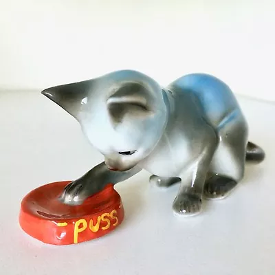Buy Danbury Mint Blue Gray Cat Kitten Red Puss Bowl Vintage Figurine Taiwan • 22.77£